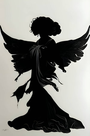 Vector illustration of a woman as angel in black silhouette against a clean white background, capturing graceful forms.のイラスト素材
