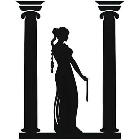 Vector illustration of a women between the pillars in black silhouette against a clean white background, capturing graceful forms.のイラスト素材
