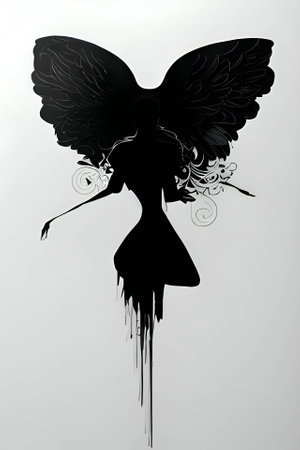 Vector illustration of a woman as angel in black silhouette against a clean white background, capturing graceful forms.のイラスト素材