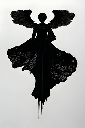 Vector illustration of a woman as angel in black silhouette against a clean white background, capturing graceful forms.のイラスト素材