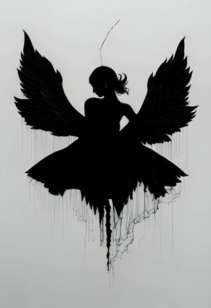 Vector illustration of a woman as angel in black silhouette against a clean white background, capturing graceful forms.のイラスト素材