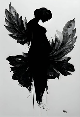 Vector illustration of a woman as angel in black silhouette against a clean white background, capturing graceful forms.のイラスト素材