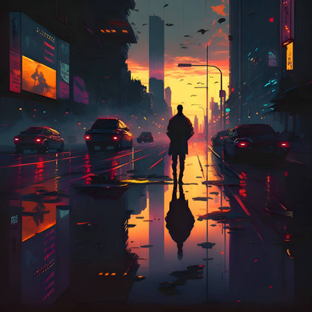 A dynamic and vibrant illustration capturing a modern cityscape, with roads bustling with cars, all set against a stunning sunset backdrop.のイラスト素材
