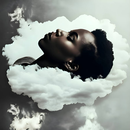 An abstract illustration of a black woman gracefully reclining in a bed of clouds, set against a light background.のイラスト素材
