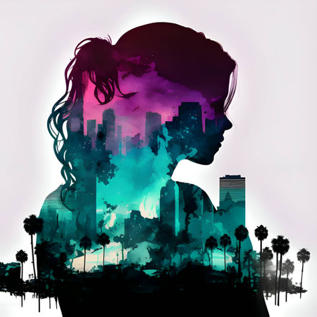 Vector illustration of a girl in colorful silhouette against a city background, capturing graceful forms.のイラスト素材