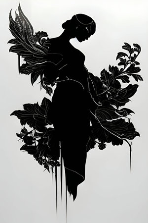 Vector illustration of a woman as angel in black silhouette against a clean white background, capturing graceful forms.のイラスト素材
