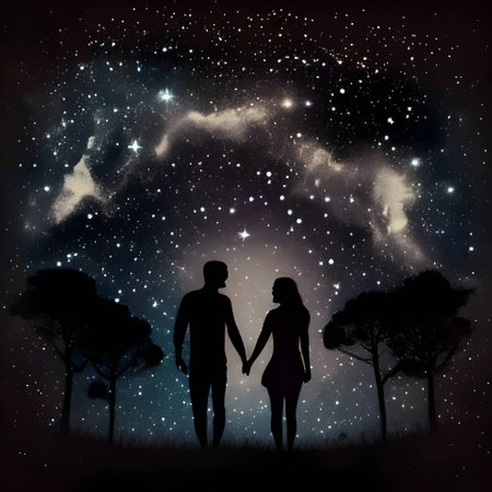 Vector illustration of a couple in love in black silhouette against a clean night background, capturing graceful forms.のイラスト素材