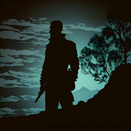 Vector illustration of a man with a gun in black silhouette against a clean gray background, capturing graceful forms.のイラスト素材