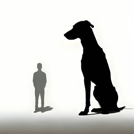 Vector illustration of a big dog and little man in black silhouette against a clean white background, capturing graceful forms.のイラスト素材