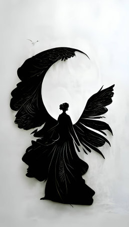 Vector illustration of a woman as angel in black silhouette against a clean white background, capturing graceful forms.のイラスト素材