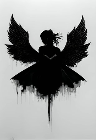 Vector illustration of a woman as angel in black silhouette against a clean white background, capturing graceful forms.のイラスト素材