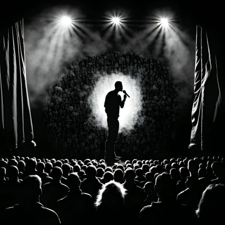 Vector illustration of a singer on stage in black silhouette against a clean black background, capturing graceful forms.のイラスト素材