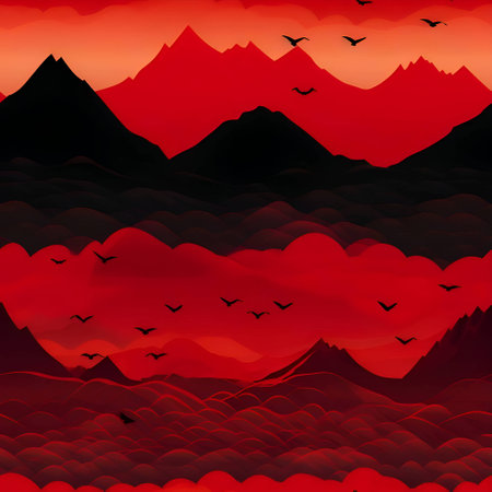 Vector illustration of a mountains in black silhouette against a red background, capturing graceful forms.のイラスト素材
