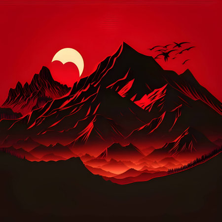 Vector illustration of a mountains in black silhouette against a red background, capturing graceful forms.のイラスト素材