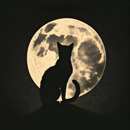 Vector illustration of a cat in black silhouette against the moon background, capturing graceful forms.のイラスト素材