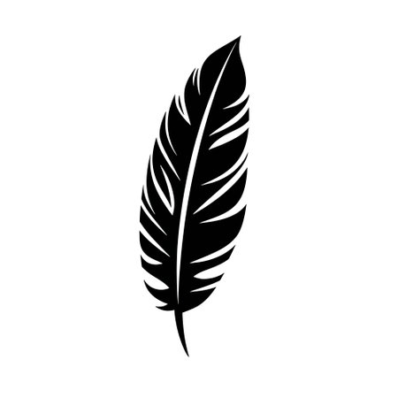 Vector illustration of a feather in black silhouette against a clean white background, capturing graceful forms.のイラスト素材