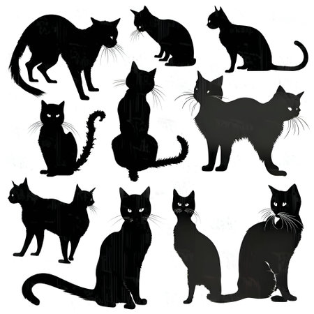 Vector illustration of a cats set in black silhouette against a clean white background, capturing graceful forms.のイラスト素材