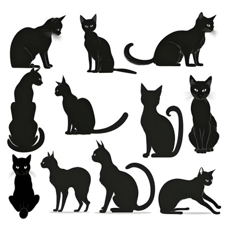 Vector illustration of a cats set in black silhouette against a clean white background, capturing graceful forms.のイラスト素材