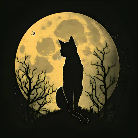 Vector illustration of a cat in black silhouette against the moon background, capturing graceful forms.のイラスト素材