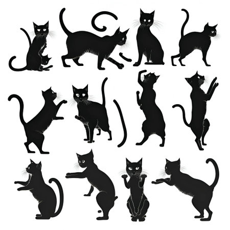 Vector illustration of a cats set in black silhouette against a clean white background, capturing graceful forms.のイラスト素材