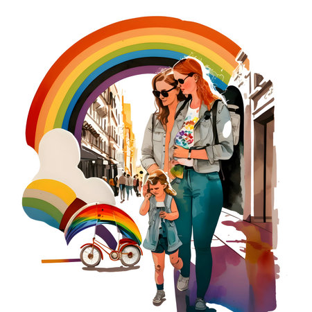 Two women standing with a girl, their arms around each other, against the backdrop of a vibrant LGBT rainbow.のイラスト素材