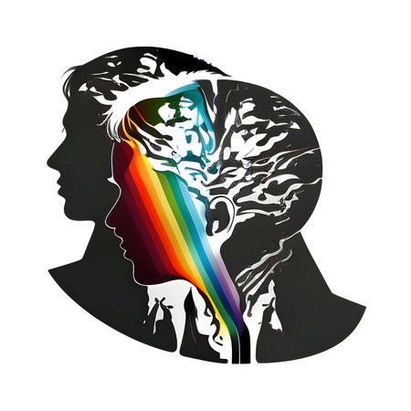 Diverse unity: a logo concept with two heads on a white background. One white, the other in rainbow LGBT colors, representing inclusivity and pride.のイラスト素材
