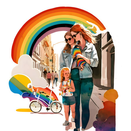 Two women standing with a girl, their arms around each other, against the backdrop of a vibrant LGBT rainbow.のイラスト素材