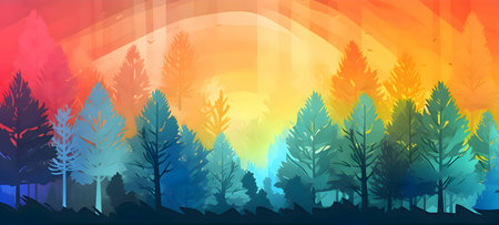 The forest comes alive in a burst of colors as the sun rises, painting the sky with hues of orange, pink, and gold, casting a vibrant glow over the lush green trees.のイラスト素材