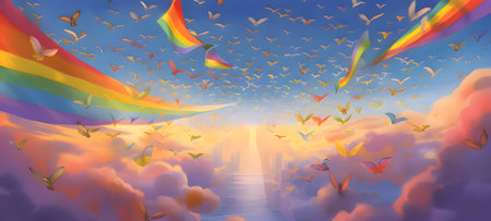 The sky is adorned with the vibrant LGBT rainbow colors, while peaceful pigeons soar in the background, representing freedom and diversity.のイラスト素材