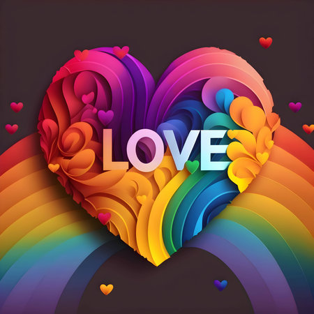 A vibrant and colorful heart with the word "LOVE" beautifully written inside it.のイラスト素材
