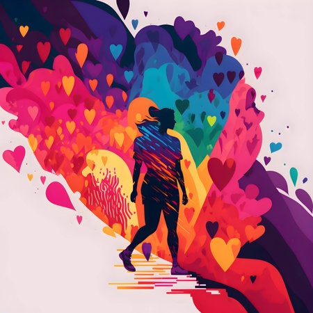A striking silhouette stands against a backdrop of vibrant LGBT hearts, representing love, diversity, and acceptance.のイラスト素材