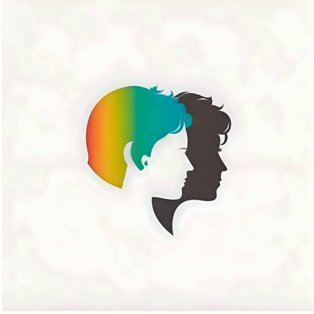 Logo concept - two colorful heads facing each other on a white background, symbolizing diversity and unity.のイラスト素材