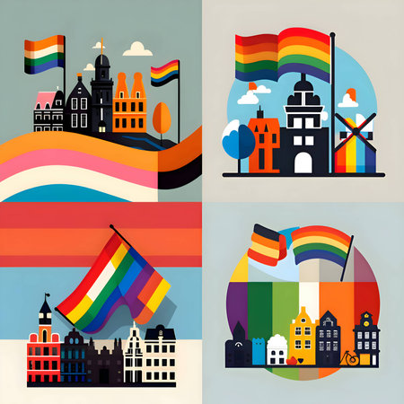 Four vibrant building concepts inspired by the colors of the LGBT flag, showcasing inclusivity, diversity, and equality in architectural design.のイラスト素材