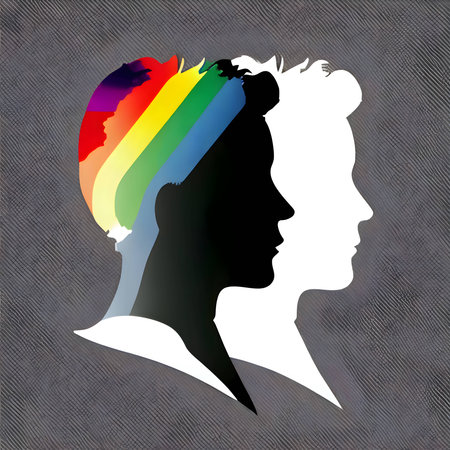 Diverse unity: a logo concept with two heads on a gray background. One white, the other in rainbow LGBT colors, representing inclusivity and pride.のイラスト素材