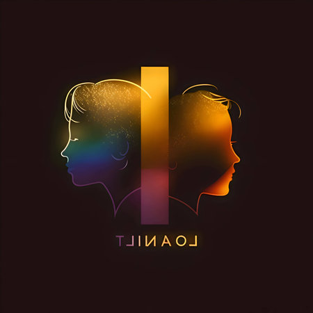 Logo concept - two colorful heads facing each other on a black background, symbolizing diversity and unity.のイラスト素材