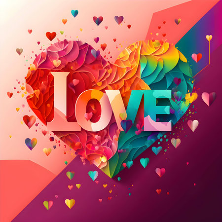 A vibrant and colorful heart with the word "LOVE" beautifully written inside it.のイラスト素材