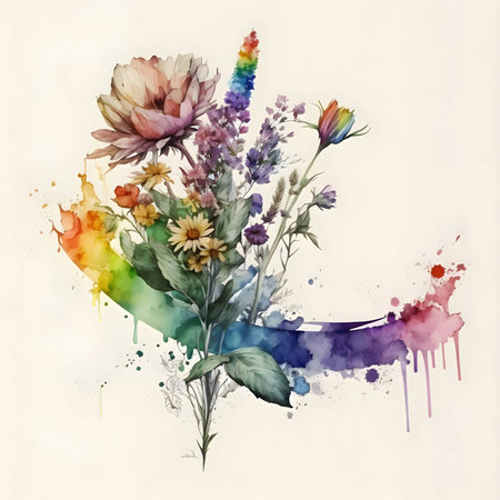 Illustration of vibrant flowers, each blooming in a different shade of the rainbow, beautifully arranged on a clean white background.のイラスト素材
