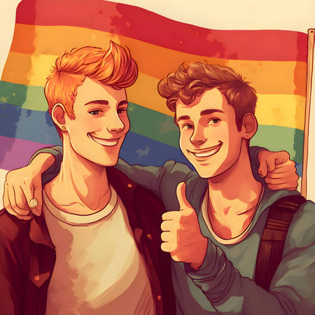 Illustration of two joyful figures standing against the vibrant backdrop of the LGBT flag, symbolizing inclusivity and pride.のイラスト素材