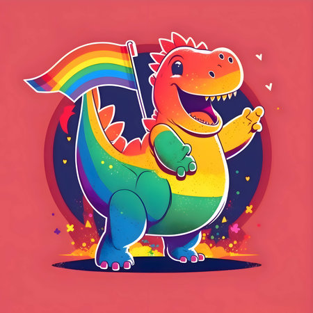 A cartoon cheerful rainbow dragon proudly holding the vibrant LGBT flag.のイラスト素材
