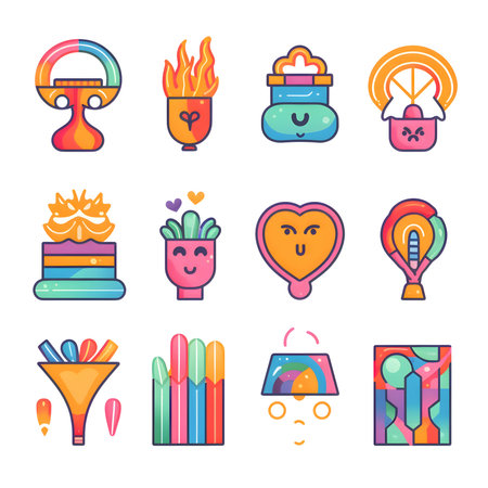 Set of vibrant and colorful icons, each representing a different concept, displayed on an isolated white background.のイラスト素材