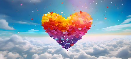A magnificent rainbow heart fills the sky, formed by hundreds of smaller hearts, radiating love and unity in vibrant colors.のイラスト素材