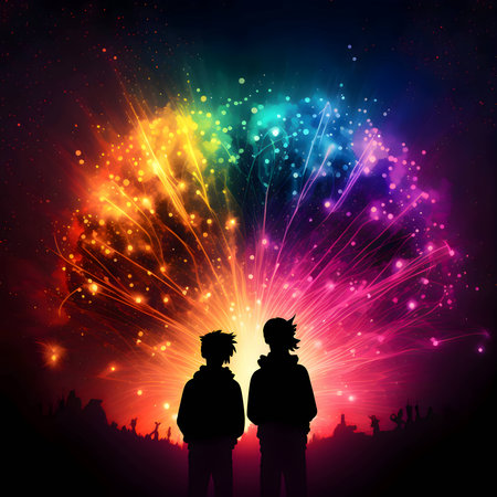 Black silhouettes of two people, standing side by side, against a vibrant rainbow background representing the colors of the LGBT pride flag.のイラスト素材