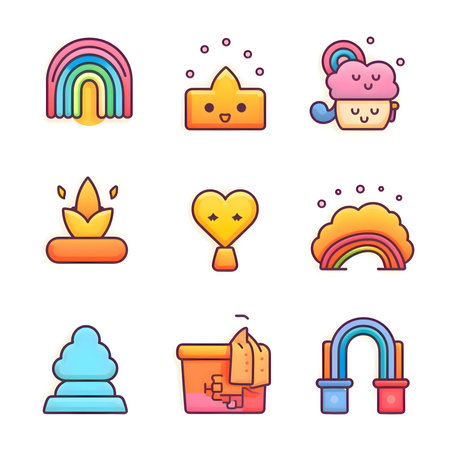 Set of vibrant and colorful icons, each representing a different concept, displayed on an isolated white background.のイラスト素材