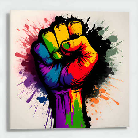 Illustration of a powerful clenched fist in vibrant LGBT rainbow colors, representing strength, unity, and solidarity in the fight for equality and LGBTQ+ rights.のイラスト素材