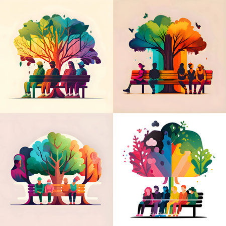 A colorful and vibrant rainbow tree with people sitting on a bench underneath, representing diversity and inclusivity.のイラスト素材