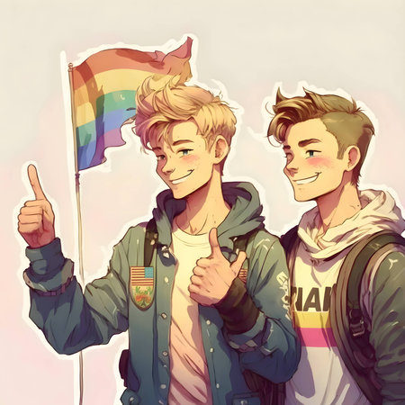 Illustration of two joyful figures standing against the vibrant backdrop of the LGBT flag, symbolizing inclusivity and pride.のイラスト素材