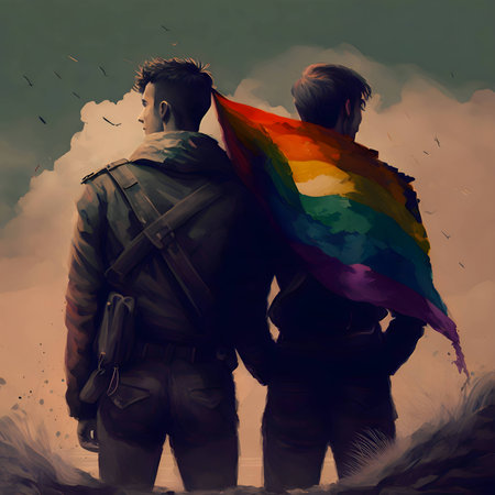 Two brave soldiers stand side by side, their uniforms adorned with the vibrant colors of the LGBT rainbow flag, a powerful symbol of unity, equality, and inclusivity.のイラスト素材