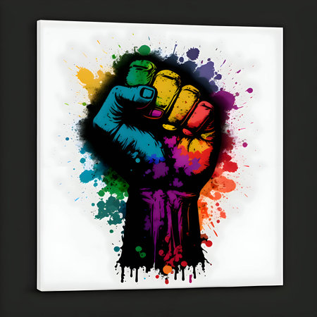 Illustration of a powerful clenched fist in vibrant LGBT rainbow colors, representing strength, unity, and solidarity in the fight for equality and LGBTQ+ rights.のイラスト素材