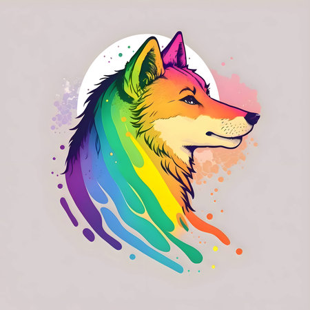 A colorful illustration of a fox with vibrant rainbow hues, set against a bright background.のイラスト素材