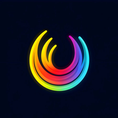 Logo concept featuring a dynamic arrangement of colorful semicircles on a dark background, representing diversity and inclusivity.のイラスト素材